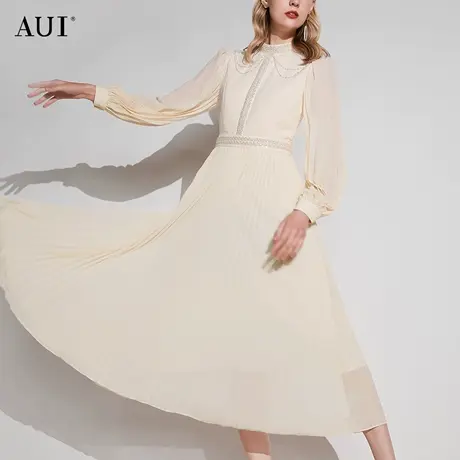 AUI法式轻奢雪纺茶歇连衣裙女2023秋季新款气质轻熟风杏色百褶裙图片