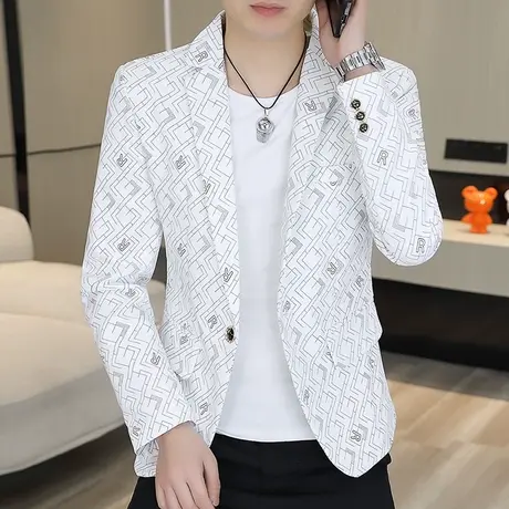 新款男士韩版小西服修身痞帅休闲印花单西春季发型师潮流西装外套商品大图