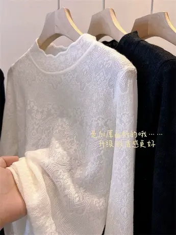 加厚双层蕾丝！韩国半高领暗纹理柔软羊毛蕾丝花边内搭套头上衣女商品大图