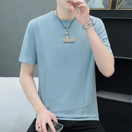 港士博短袖t恤男夏季全棉2023男装 蓝色半袖宽松纯棉体恤潮流上衣商品大图