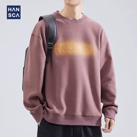 清仓特卖hansca美式重磅卫衣男秋冬款圆领字母钢印撞色青少年上衣商品大图