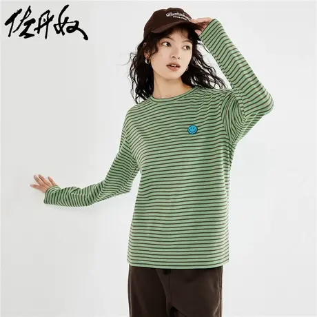 佐丹奴23年秋冬新款纯棉笑脸刺绣条纹圆领重磅t恤女长袖18323918商品大图
