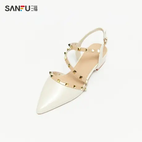 三福淑女鞋夏季番茄女孩粗跟尖头单鞋铆钉脚背绕带女鞋829106商品大图
