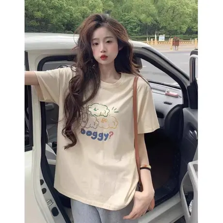 小众新款正肩短袖杏色T恤女独特风半袖上衣设计感宽松显瘦ins打底图片