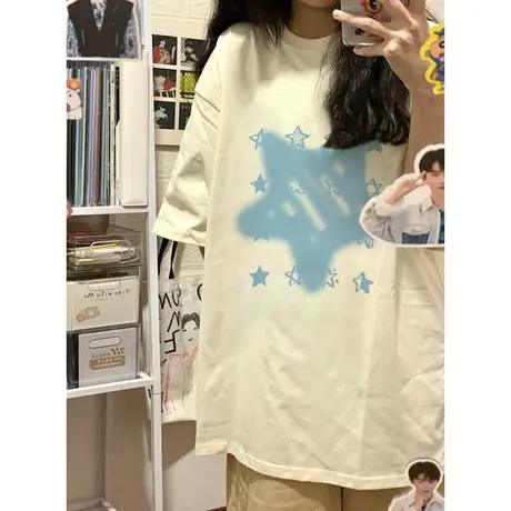 纯棉重磅设计感星星印花短袖t恤女2024新款爆款夏季宽松半袖上衣商品大图