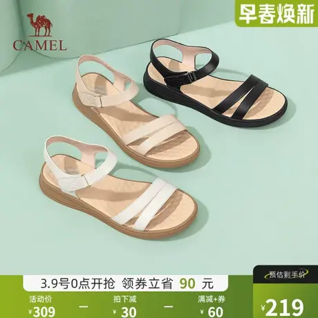 骆驼女鞋2024夏季新款一字带真皮软底妈妈凉鞋魔术贴厚底凉鞋女款图片