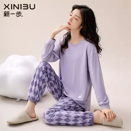 新一步2023年新款睡衣女士春秋季纯棉圆领长袖家居服全棉休闲套装商品大图