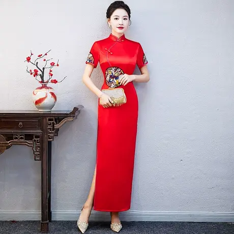 2023年新款礼仪走秀旗袍长款迎宾小姐服红色舞台演出服酒店学生装商品大图