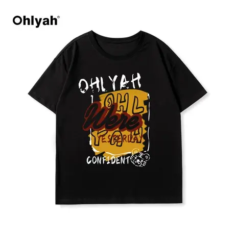 Ohlyah短袖T恤女2023年黑色Were英文涂鸦印花宽松圆领设计感小众商品大图