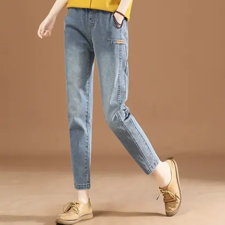 韩潮袭人松紧腰拼接直筒牛仔裤女2023秋装新款宽松显瘦哈伦长裤子商品大图