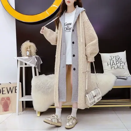 长款过膝毛衣开衫女2023新款秋冬慵懒风宽松设计感假两件针织外套图片