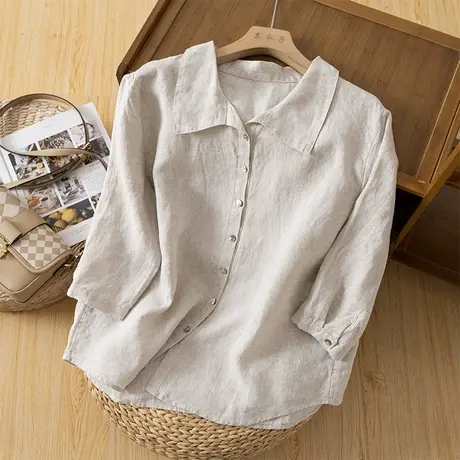 享永子亚麻翻领衬衫女文艺复古棉麻外套宽松气质百搭2023夏季新款商品大图
