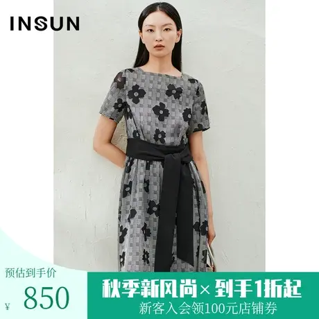 恩裳2023夏装新款格子底重工烧花冰丝复古方领收腰连衣裙图片