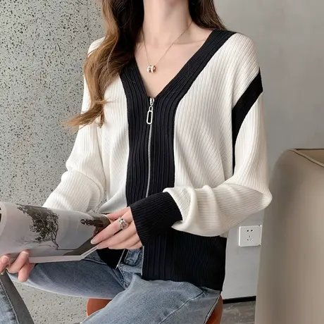 v领拼色针织开衫女2023秋季新款双拉链短款毛衣外套高级感洋气女商品大图