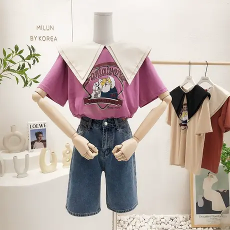 韩国东大门短袖上衣2022夏季新款ins港味原宿风复古娃娃领T恤小众图片