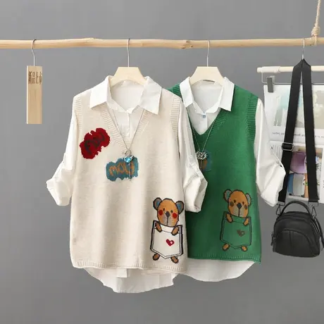 减龄提花V领套头针织马甲女背心无袖百搭毛衣韩版宽松马夹毛坎肩商品大图