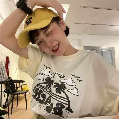 红续韩版港风chic短袖T恤女夏季新款oversize宽松学院百搭ins上衣图片