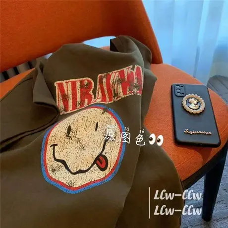 短袖t恤女2021夏装新款韩版ins潮笑脸卡通印花中长款宽松半袖上衣商品大图