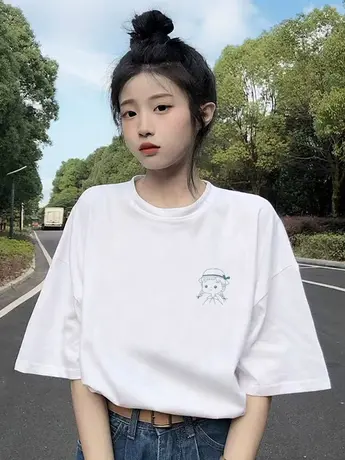 大码女装巨显瘦洋气遮肉短袖T恤胖mm夏季圆领小众炸街上衣正肩商品大图