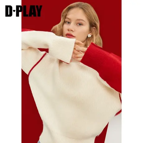 DPLAY新年红毛衣甜美少女撞色慵懒半高领针织商品大图