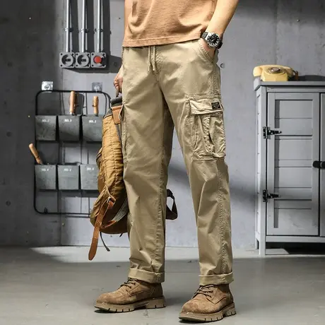 休闲工装裤纯色美式多口袋宽松直筒百搭男士裤子夏季薄款束脚男裤商品大图