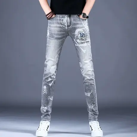 欧洲站灰色牛仔裤男款修身小脚裤子2023新款秋款弹力潮牌高档百搭商品大图