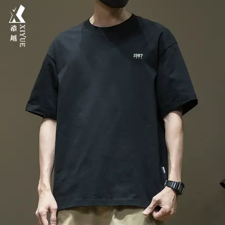 希越小圆领纯色基础款t恤男生短袖夏季全棉宽松大码数字印花男款商品大图