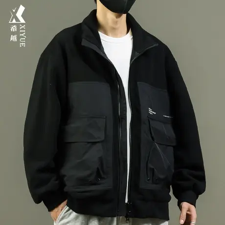 希越摇绒粒夹克男秋季工装拼接大口袋毛毛衫宽松大码胖子男士外套商品大图
