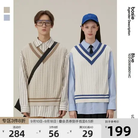 bosie秋季新款衬衫男情侣装假两件拼接文艺复古学院风休闲衬衣潮商品大图