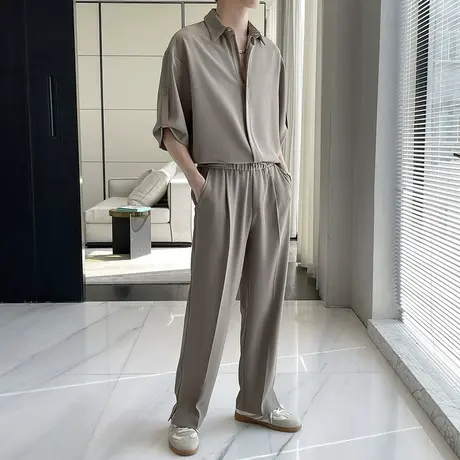 凉爽铜氨丝七分袖衬衫男套装夏季冰丝休闲通勤垂感软糯直筒裤两件图片