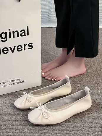 圆头浅口蝴蝶结平底鞋甜美舒适软皮软底奶奶鞋春季日常豆豆鞋女鞋商品大图