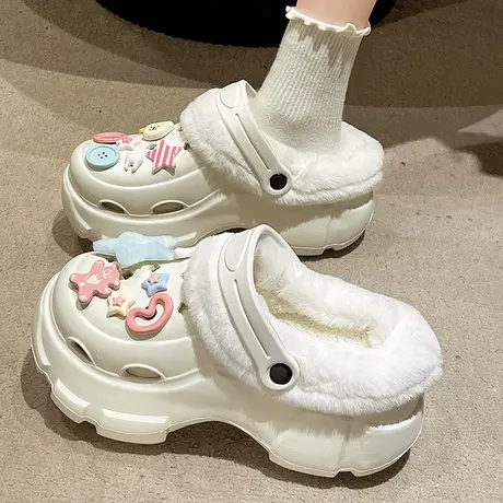 厚底毛毛拖鞋女外穿2023新款秋冬加绒保暖洞洞棉拖鞋可爱两穿爆款图片