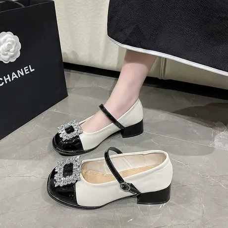 法式粗跟玛丽珍鞋女2023春季新款水钻高跟鞋小香风一字扣浅口单鞋图片