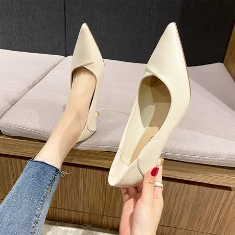 皮质工作鞋女鞋软底久站不累2023新款职业单鞋舒适上班高跟鞋细跟商品大图