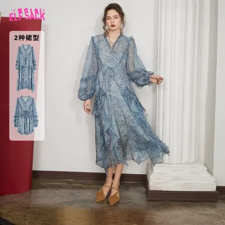 妖精的口袋蓝色法式v领连衣裙女2023秋新款长袖高级感碎花裙子商品大图