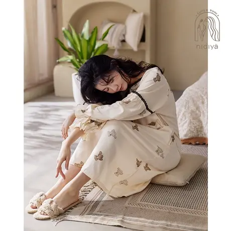 妮狄娅2023睡衣睡裙女春秋纯棉长袖方领套头卡通甜美家居服中长裙商品大图