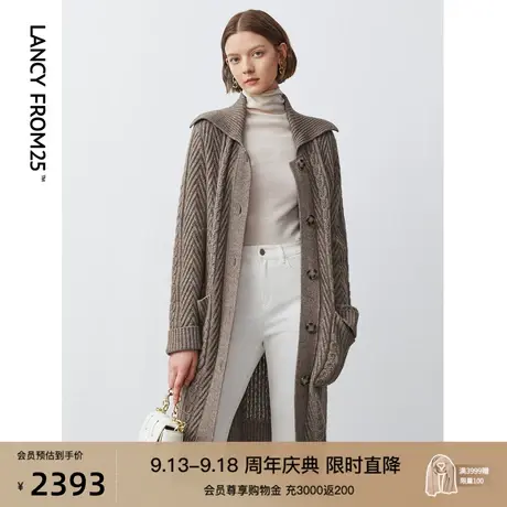 朗姿商场同款牦牛绒大翻领2022秋季新款短袖中长款显瘦长袖毛衣女商品大图