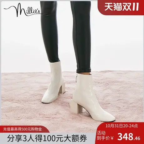 millie's/妙丽冬季新款纯色气场牛皮时尚简约粗跟女短靴SDP21DD1商品大图