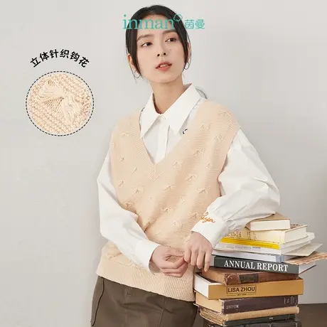 【商场同款】茵曼针织马甲女2023年春季新款V领套头钩花百搭上衣图片