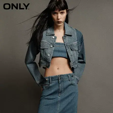 ONLY2023冬季新款简约休闲不对称翻领牛仔短款外套女|123354013图片