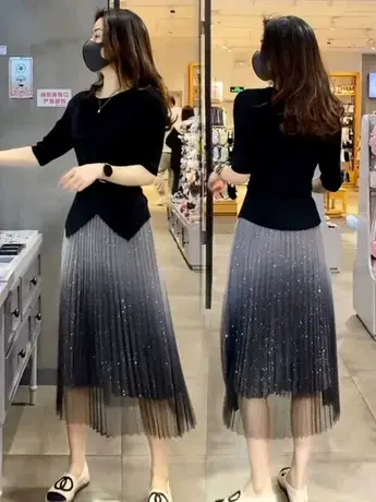 夏季时尚气质针织衫韩版修身不规则设计感短袖T恤网纱半身裙套装图片