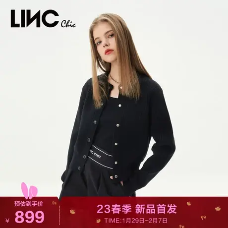 LINC金羽杰针织开衫女2023秋季新款宽松圆领短款羊毛女士毛衣外套商品大图