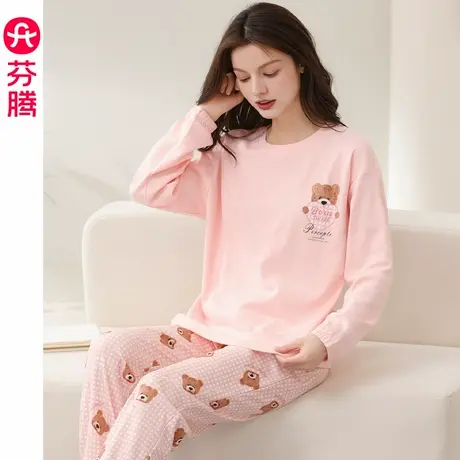 芬腾睡衣女春秋季纯棉长袖套头套装格子宽松休闲全棉加大码家居服商品大图