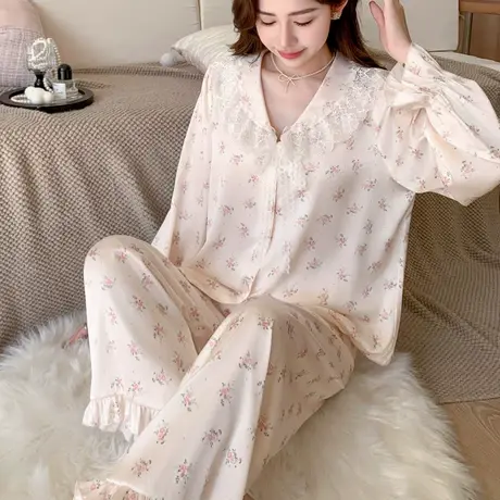 睡衣女冰丝长袖网红风蕾丝2025年新款高级感丝绸家居服仿真丝套装商品大图