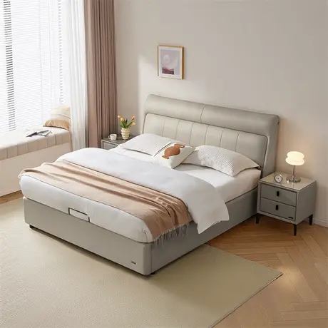 【立即抢购】全友家居2024新款现代简约牛皮双人床卧室软包真皮床商品大图