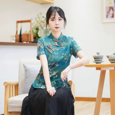 筠雅夏季新款简约清新旗袍式上衣唐装女改良版修身复古素衣24J175商品大图