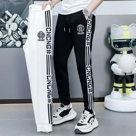 刺绣休闲裤男春秋季潮流修身束脚欧版高品质夏装运动百搭白色卫裤商品大图