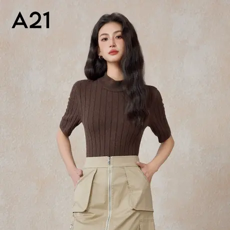 A21女装显瘦半高领套头短袖线衫夏季新款针织毛衣温柔风百搭上衣商品大图