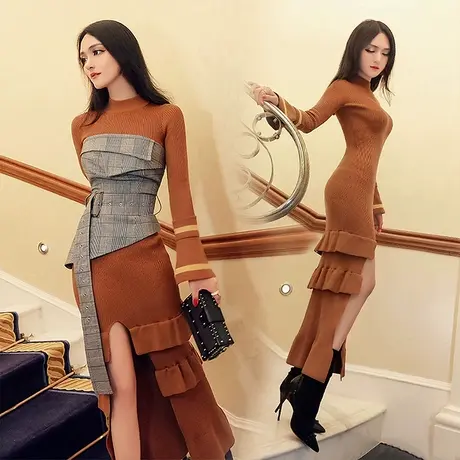 VJE秋装新款名媛风气质高领长袖性感开叉连衣裙打底针织衫送腰封商品大图