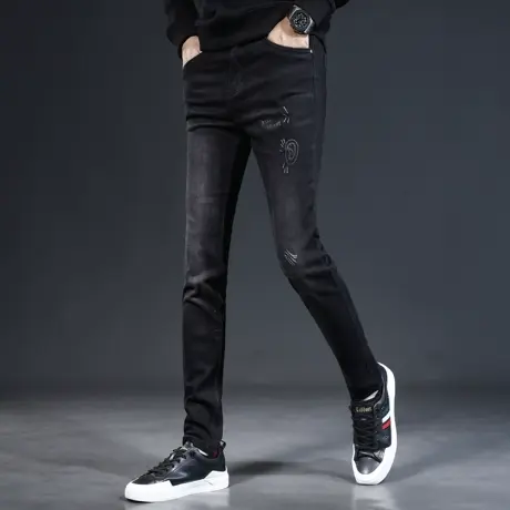 刺绣牛仔裤男2023新款秋季黑色修身小脚时尚潮流弹力男士休闲长裤商品大图